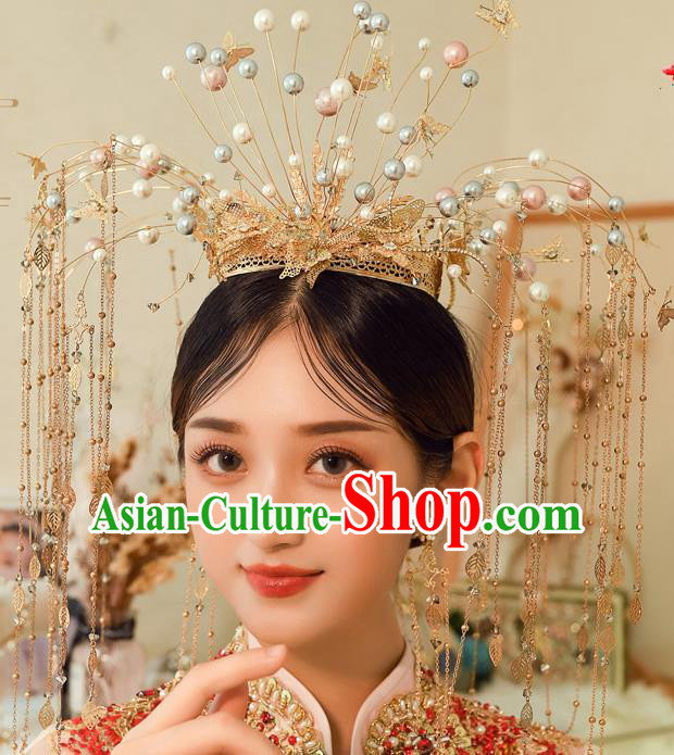 Chinese Ancient Bride Beads Phoenix Coronet Tassel Hairpins Traditional Wedding Xiu He Hair Accessories Complete Set for Women