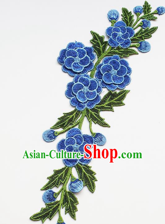 Chinese Traditional Embroidery Blue Flowers Applique Embroidered Patches Embroidering Cloth Accessories
