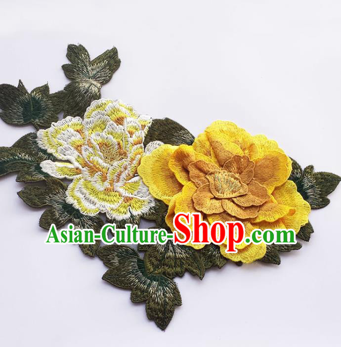 Traditional Chinese Embroidery Yellow Stereo Peony Applique Embroidered Patches Embroidering Cloth Accessories