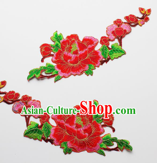 Traditional Chinese National Embroidery Red Peony Applique Embroidered Patches Embroidering Cloth Accessories