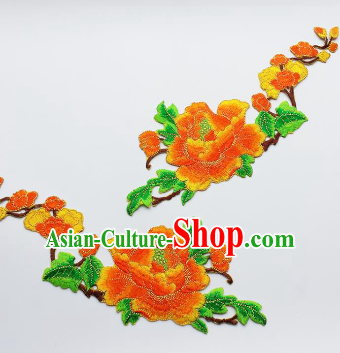Traditional Chinese National Embroidery Orange Peony Applique Embroidered Patches Embroidering Cloth Accessories