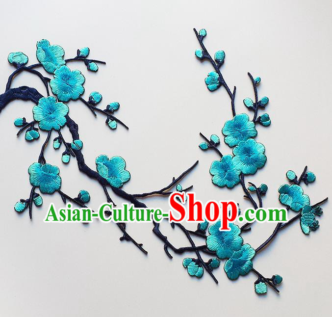Traditional Chinese National Embroidery Lake Blue Plum Flowers Applique Embroidered Patches Embroidering Cloth Accessories