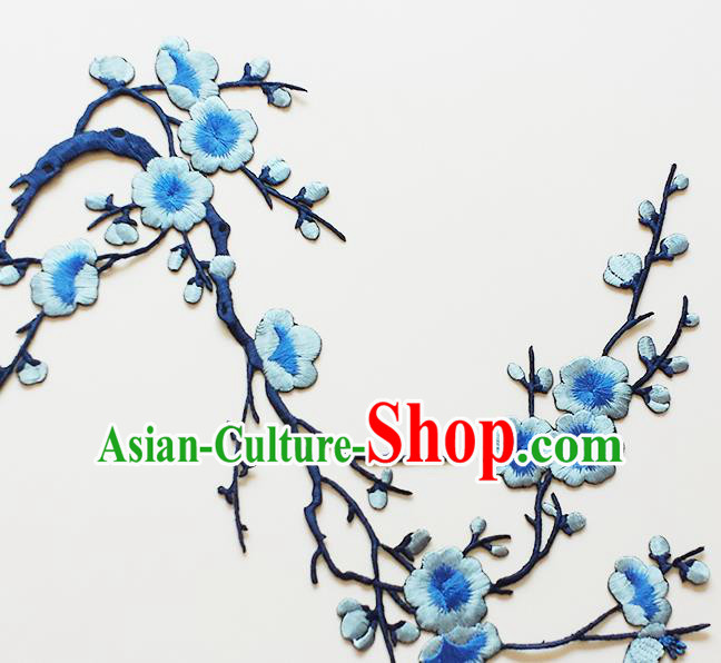 Traditional Chinese National Embroidery Light Blue Plum Flowers Applique Embroidered Patches Embroidering Cloth Accessories