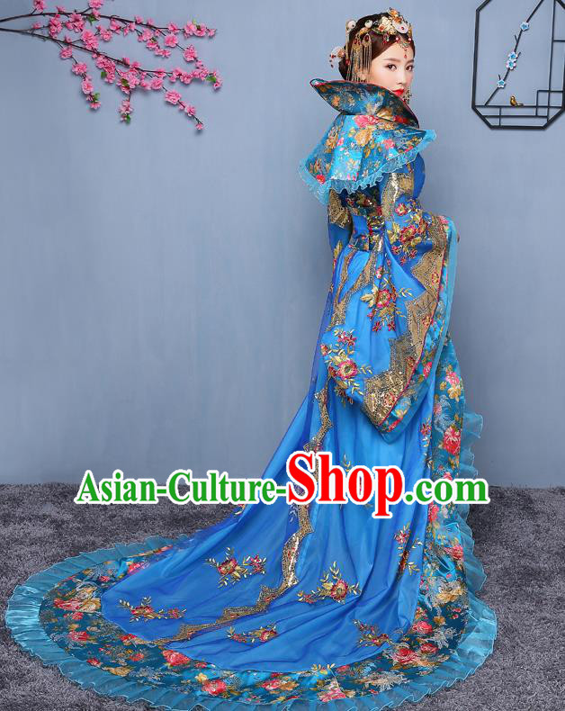Chinese Ancient Tang Dynasty Imperial Consort Blue Dress Traditional Hanfu Goddess Classical Dance Costumes for Women
