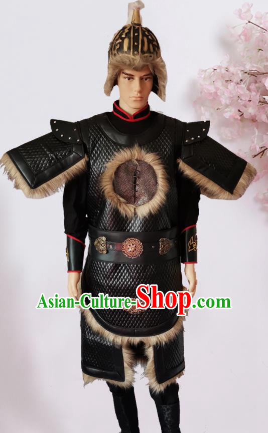 Chinese Ancient Yuan Dynasty General Body Armour Traditional Ancient Soldier Costumes and Hat for Men