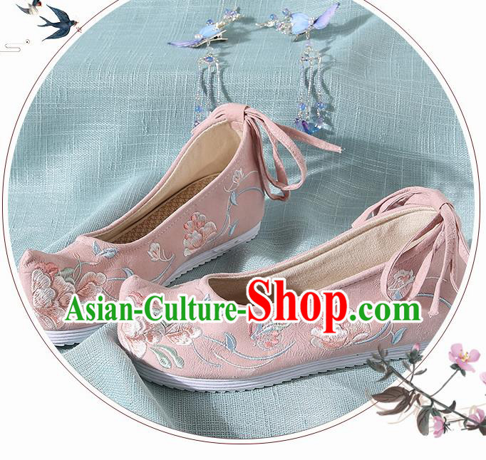 Chinese Handmade Embroidered Flowers Pink Cloth Bow Shoes Traditional Ming Dynasty Hanfu Shoes Princess Shoes for Women