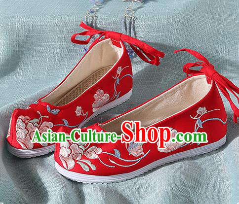 Chinese Handmade Embroidered Flowers Red Cloth Bow Shoes Traditional Ming Dynasty Hanfu Shoes Princess Shoes for Women