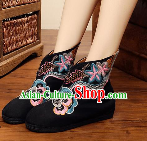Chinese Handmade Embroidered Black Boots Traditional Hanfu Shoes National Shoes for Women