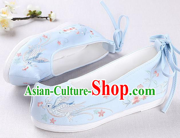 Chinese Handmade Opera Embroidered Pentas Bird Blue Shoes Traditional Hanfu Shoes National Shoes for Women