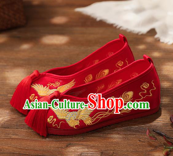 Chinese Handmade Embroidered Golden Phoenix Red Shoes Traditional Hanfu Shoes National Shoes for Kids