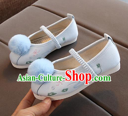 Chinese Handmade Light Blue Embroidered Shoes Traditional New Year Hanfu Shoes National Shoes for Kids