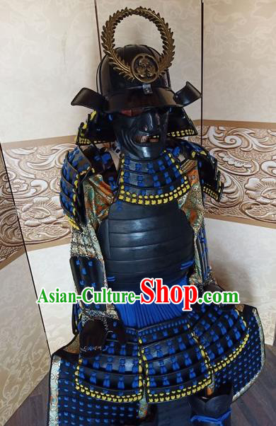 Japanese Handmade Traditional Samurai Blue Body Armor and Helmet Ancient Warrior Costumes for Men