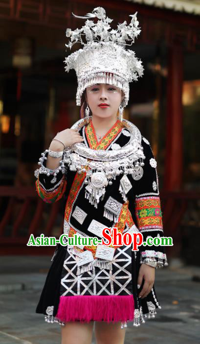 Chinese Traditional Miao Nationality Embroidered Black Short Dress Ethnic Folk Dance Costume for Women