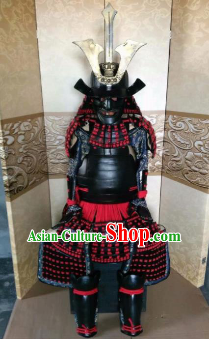 Japanese Handmade Traditional Samurai Red Tassel Body Armor and Helmet Ancient Warrior Costumes for Men