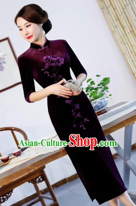 Chinese Traditional Qipao Dress Purple Velvet Cheongsam National Costumes for Women
