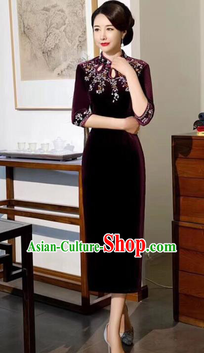 Chinese Traditional Qipao Dress Bride Mother Wine Red Velvet Cheongsam National Costumes for Women