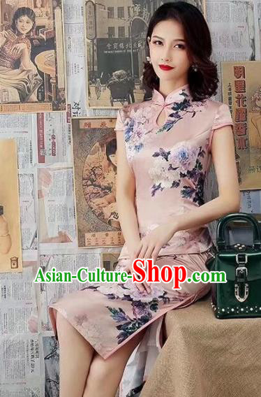 Chinese Traditional Qipao Dress Bride Printing Peony Pink Cheongsam National Costumes for Women
