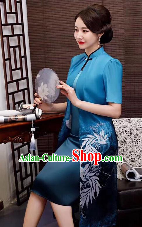 Chinese Traditional Qipao Dress Bride Mother Blue Cheongsam National Costumes for Women