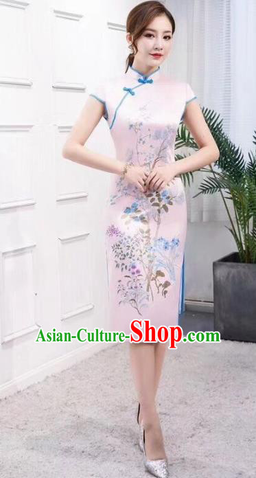 Chinese Traditional Qipao Dress Printing Light Pink Cheongsam National Costumes for Women