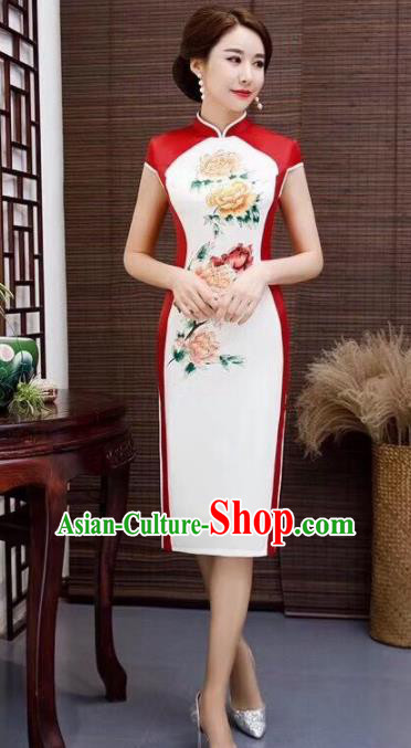 Chinese Traditional Qipao Dress Printing Peony White Cheongsam National Costumes for Women