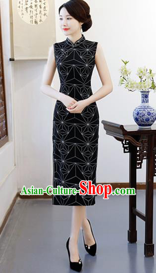 Chinese Traditional Qipao Dress Black Cheongsam National Costumes for Women
