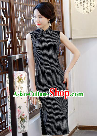 Chinese Traditional Qipao Dress Black Cotton Cheongsam National Costume for Women