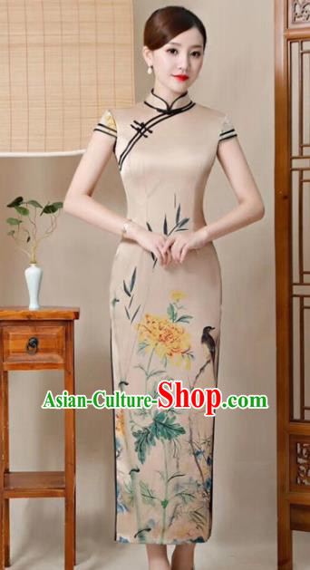 Chinese Traditional Qipao Dress Printing Khaki Cheongsam National Costume for Women
