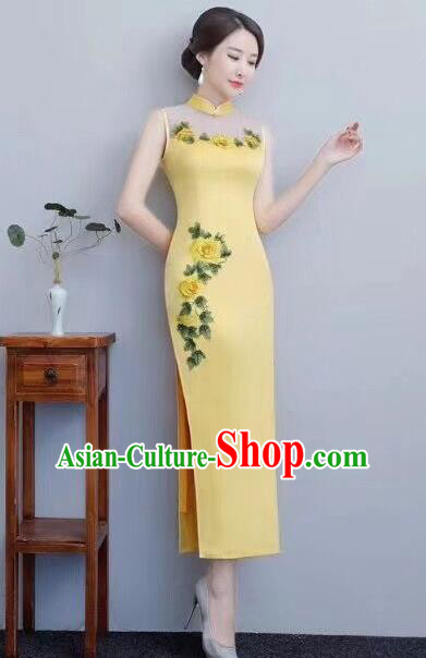 Chinese Traditional Long Qipao Dress Embroidered Yellow Cheongsam National Costume for Women