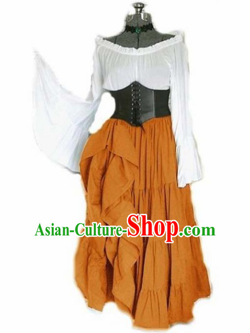 Traditional Europe Middle Ages Renaissance Orange Dress Halloween Cosplay Stage Performance Costume for Women