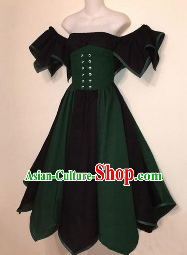 European Medieval Traditional Costume Europe Renaissance Drama Stage Performance Deep Green Dress for Women