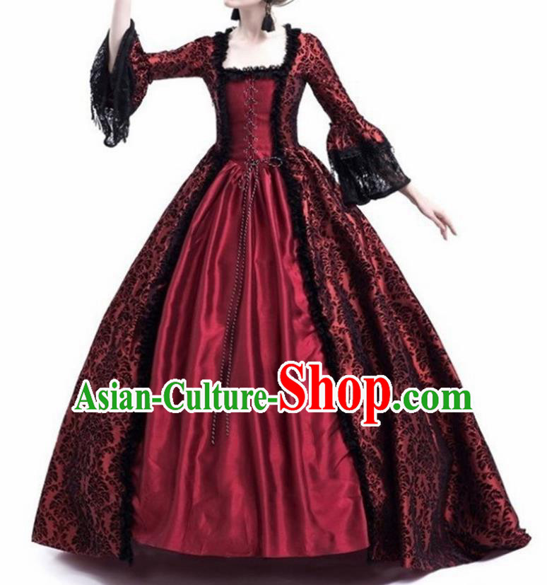 Traditional Europe Middle Ages Countess Wine Red Dress Halloween Cosplay Stage Performance Costume for Women