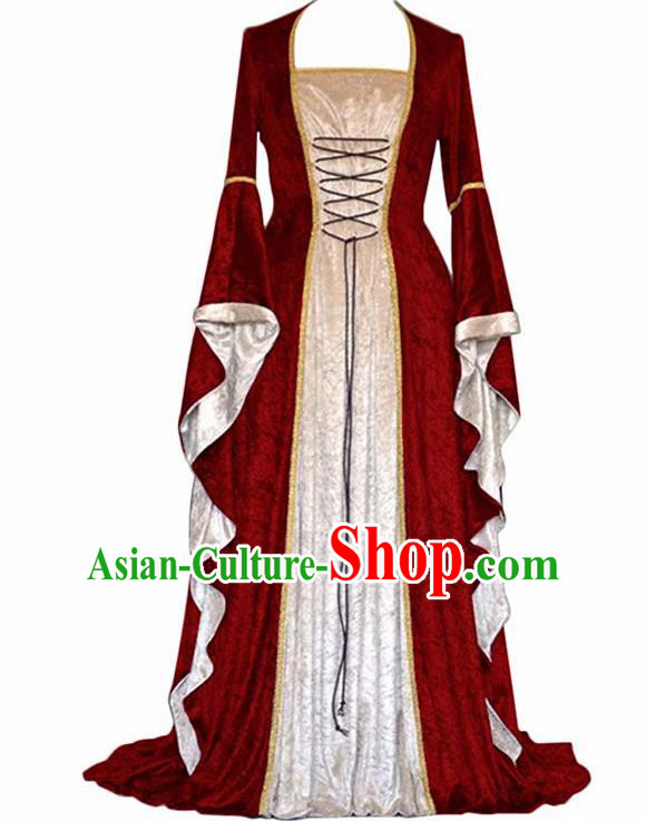 Traditional Europe Middle Ages Countess Red Velvet Dress Halloween Cosplay Stage Performance Costume for Women