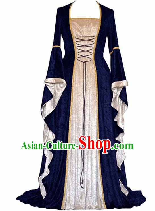 Traditional Europe Middle Ages Countess Blue Velvet Dress Halloween Cosplay Stage Performance Costume for Women
