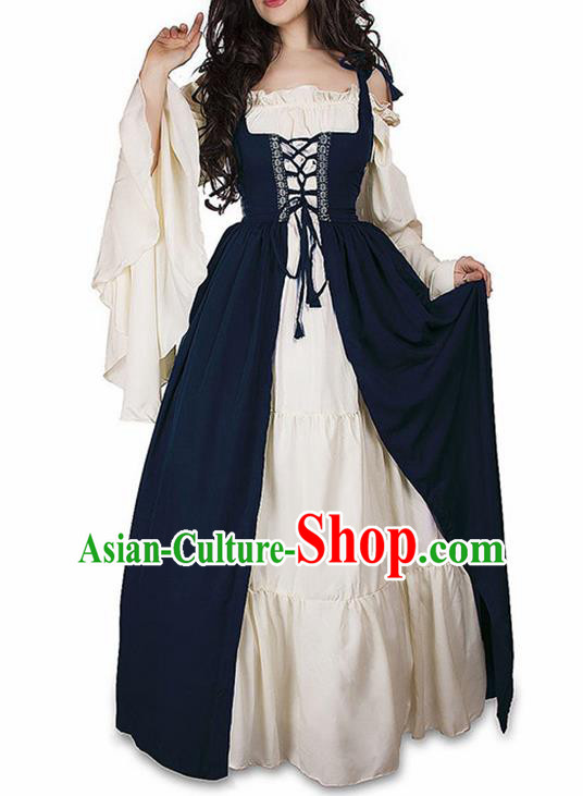 Traditional Europe Middle Ages Farmwife Navy Dress Halloween Cosplay Stage Performance Costume for Women