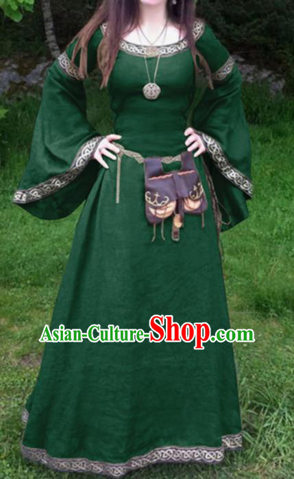Traditional Europe Middle Ages Civilian Green Dress Halloween Cosplay Stage Performance Costume for Women