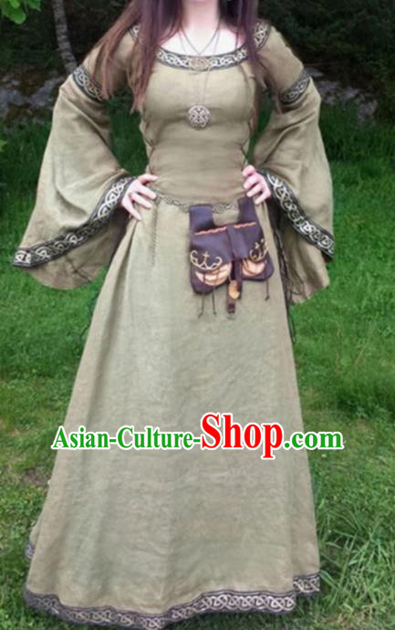 Traditional Europe Middle Ages Civilian Khaki Dress Halloween Cosplay Stage Performance Costume for Women