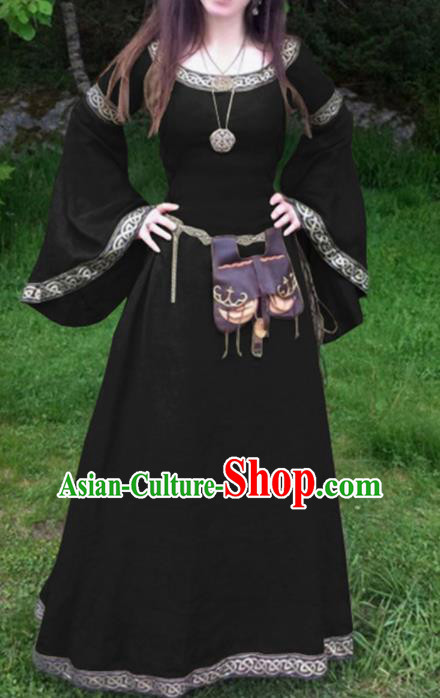 Traditional Europe Middle Ages Civilian Black Dress Halloween Cosplay Stage Performance Costume for Women