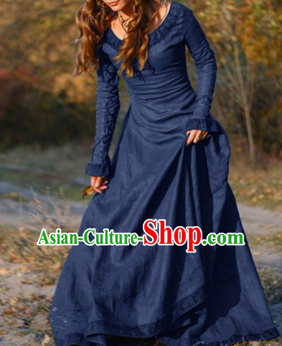Traditional Europe Middle Ages Female Deep Blue Dress Halloween Cosplay Stage Performance Costume for Women