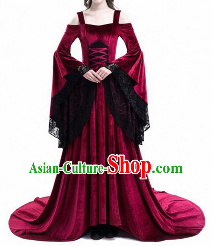 Traditional Europe Middle Ages Court Wine Red Velvet Dress Halloween Cosplay Stage Performance Costume for Women