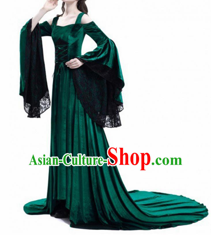 Traditional Europe Middle Ages Court Green Velvet Dress Halloween Cosplay Stage Performance Costume for Women