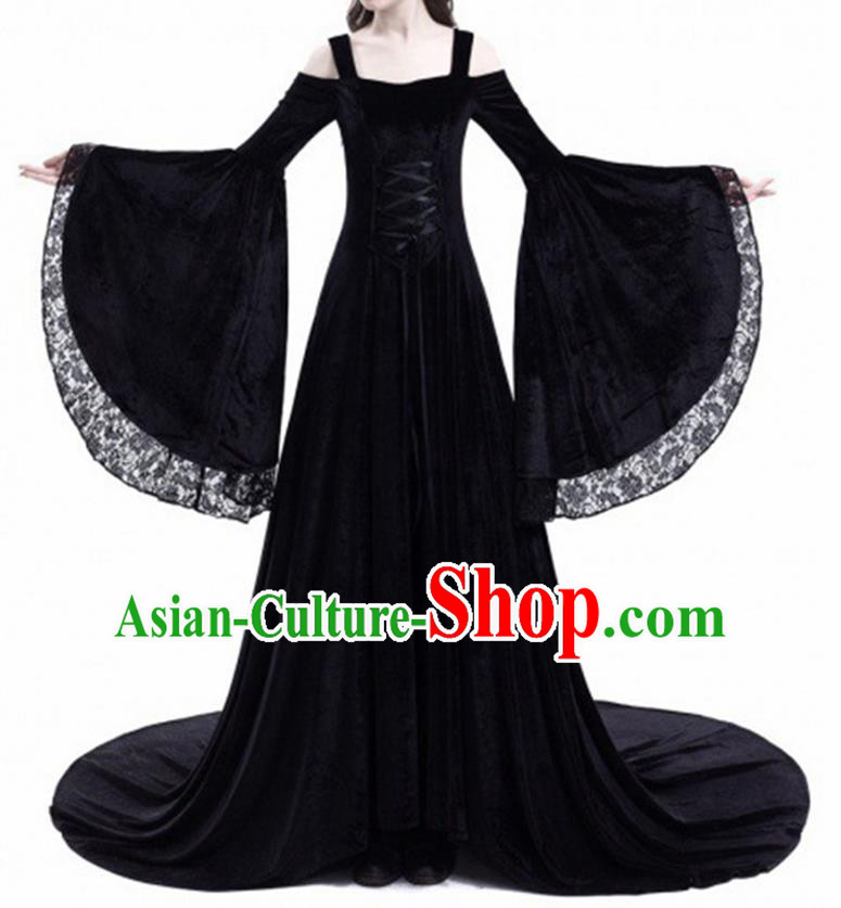 Traditional Europe Middle Ages Court Black Velvet Dress Halloween Cosplay Stage Performance Costume for Women