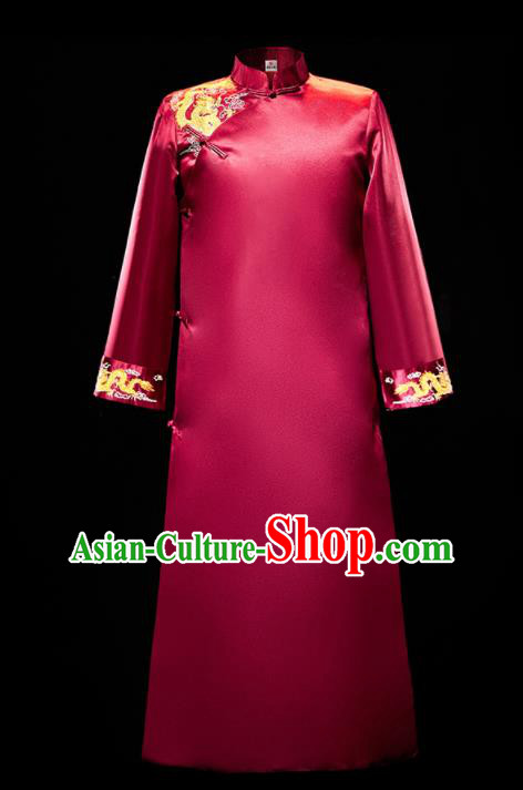 Chinese Traditional Wedding Groomsman Costumes Tang Suit Wine Red Long Gown for Men