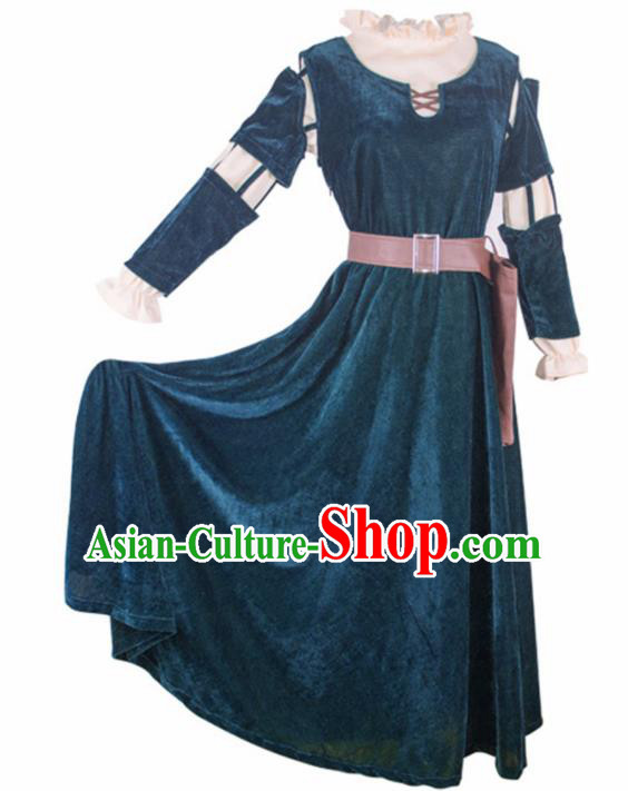 Traditional Europe Middle Ages Blue Velvet Dress Halloween Cosplay Stage Performance Costume for Women
