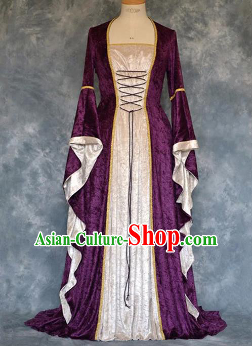 Traditional Europe Renaissance Court Purple Velvet Dress European Drama Stage Performance Halloween Cosplay Costume for Women