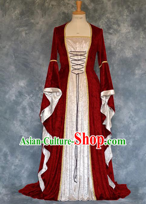 Traditional Europe Renaissance Court Red Velvet Dress European Drama Stage Performance Halloween Cosplay Costume for Women
