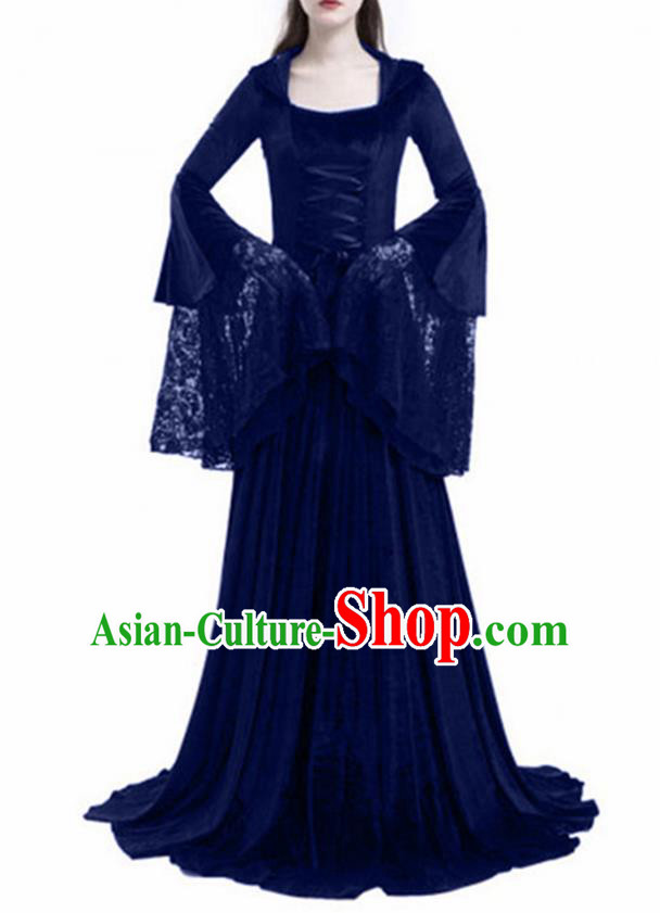 Traditional Europe Renaissance Royalblue Lace Dress Stage Performance Halloween Cosplay Princess Costume for Women