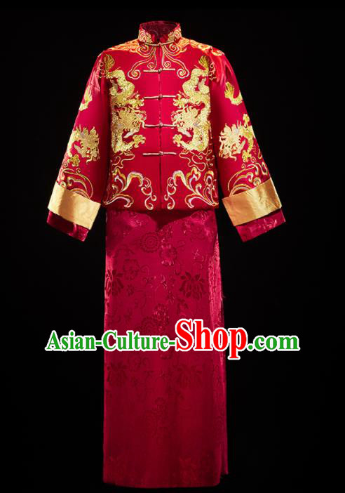 Chinese Traditional Tang Suit Embroidered Red Mandarin Jacket and Gown Ancient Bridegroom Wedding Costumes for Men