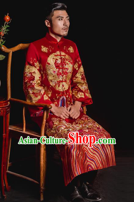 Chinese Traditional Embroidered Wedding Red Mandarin Jacket and Gown Ancient Bridegroom Tang Suit Costumes for Men