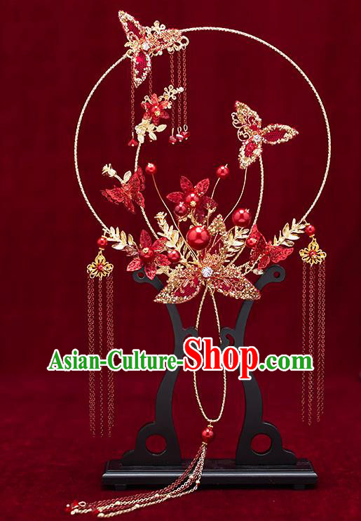 Chinese Traditional Wedding Palace Fans Ancient Bride Prop Red Round Fan for Women