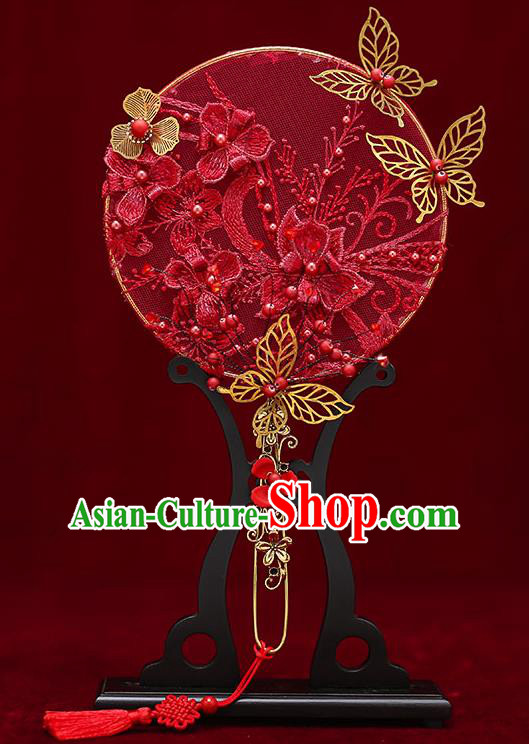 Chinese Traditional Wedding Red Lace Palace Fans Ancient Bride Prop Round Fan for Women